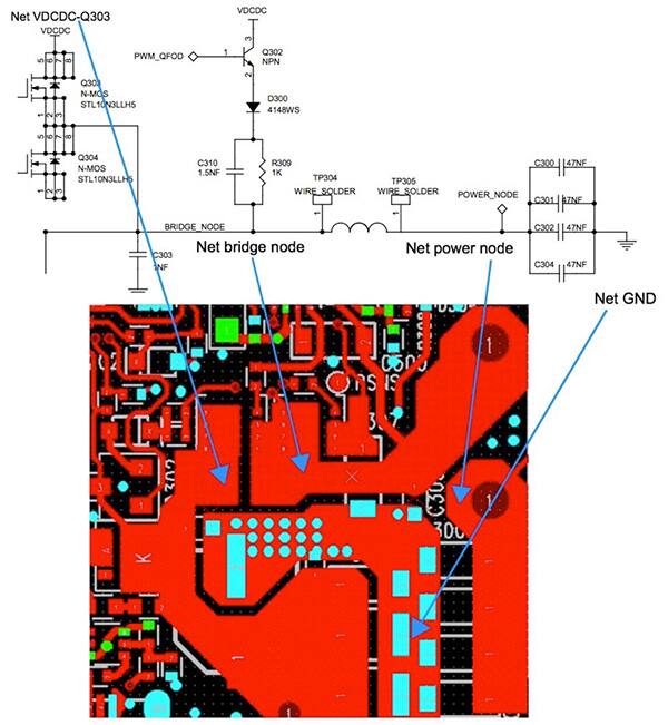 Image of STMicroelectronics pc board physical layout to identify critical issues